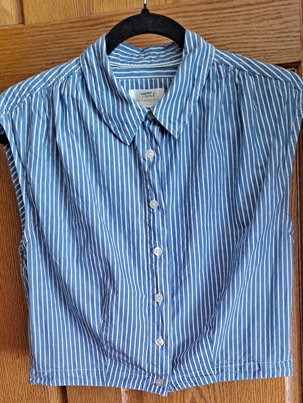 Anthropologie Maeve Blue And White Striped Capped Sleeve Button-Down Crop Top. - Picture 4 of 7